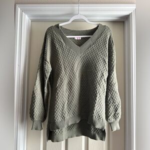 Pink Lily Textured Olive V-Neck Sweater